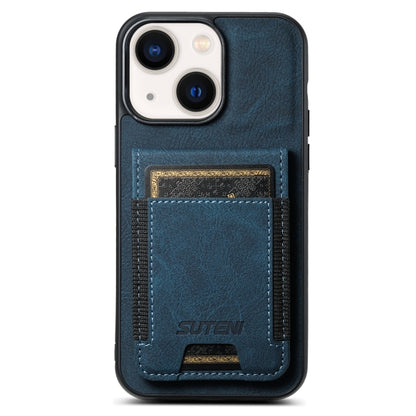 For iPhone 14 Plus Suteni H03 Litchi Leather Card Bag Stand Back Phone Case(Blue) by Suteni