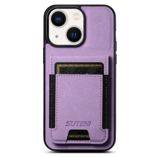 For iPhone 14 Suteni H03 Litchi Leather Card Bag Stand Back Phone Case(Purple) by Suteni