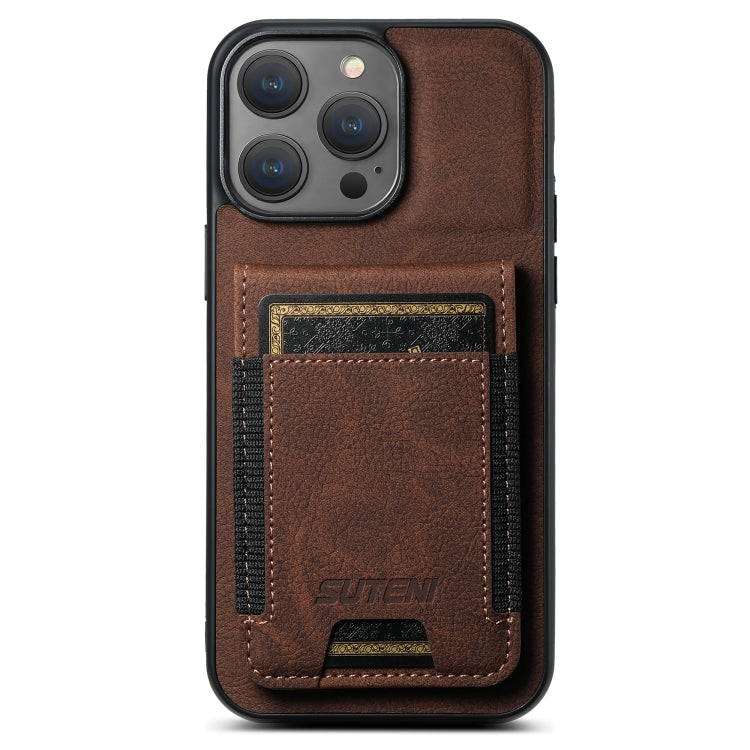 For iPhone 14 Pro Suteni H03 Litchi Leather Card Bag Stand Back Phone Case(Brown) by Suteni