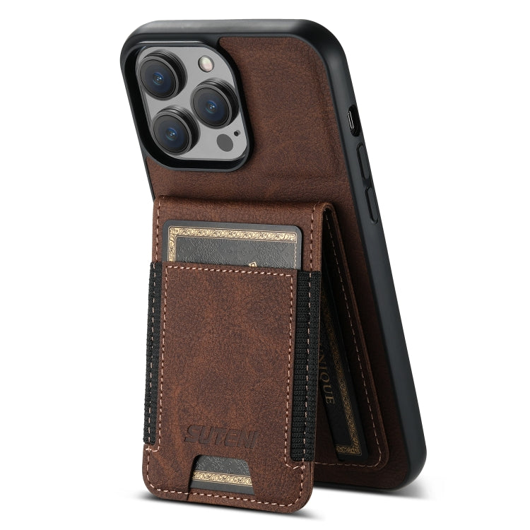 For iPhone 14 Pro Suteni H03 Litchi Leather Card Bag Stand Back Phone Case(Brown) by Suteni