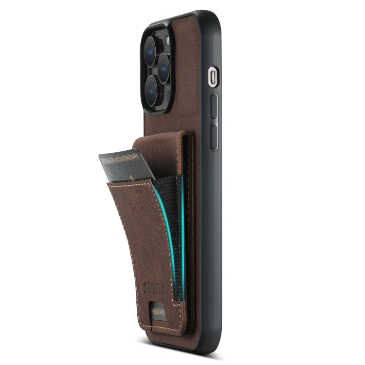 For iPhone 14 Pro Suteni H03 Litchi Leather Card Bag Stand Back Phone Case(Brown) by Suteni