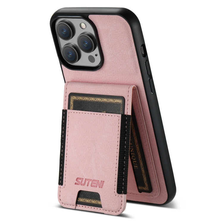 For iPhone 14 Pro Suteni H03 Litchi Leather Card Bag Stand Back Phone Case(Pink) by Suteni