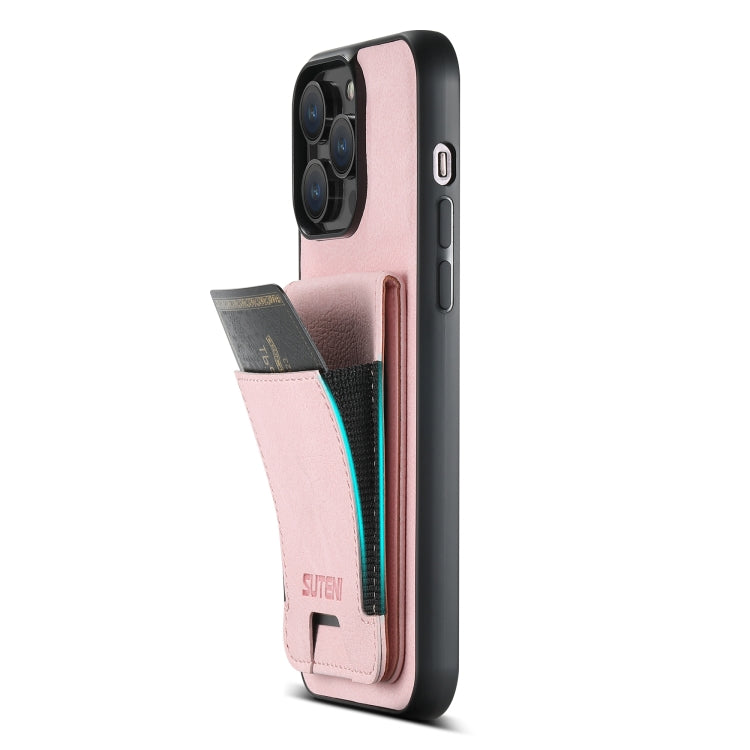 For iPhone 14 Pro Suteni H03 Litchi Leather Card Bag Stand Back Phone Case(Pink) by Suteni