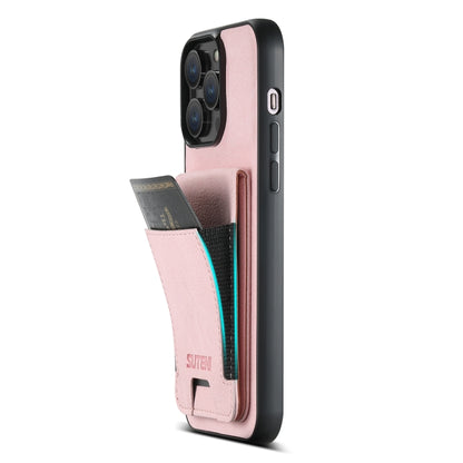 For iPhone 14 Pro Suteni H03 Litchi Leather Card Bag Stand Back Phone Case(Pink) by Suteni