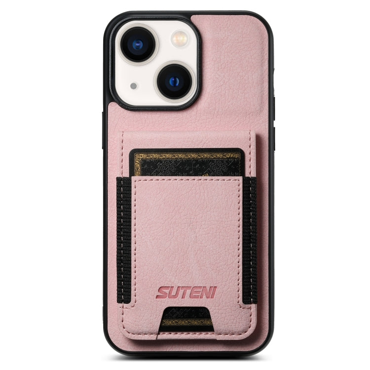 For iPhone 13 Suteni H03 Litchi Leather Card Bag Stand Back Phone Case(Pink) by Suteni