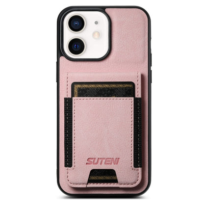 For iPhone 12 / 12 Pro Suteni H03 Litchi Leather Card Bag Stand Back Phone Case(Pink) by Suteni