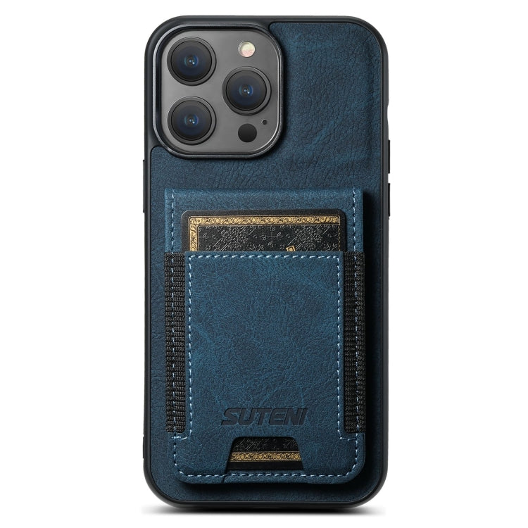 For iPhone 16 Pro Suteni H03 Litchi Leather Card Bag Stand Back Phone Case(Blue) by Suteni