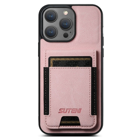 For iPhone 16 Pro Suteni H03 Litchi Leather Card Bag Stand Back Phone Case(Pink) by Suteni
