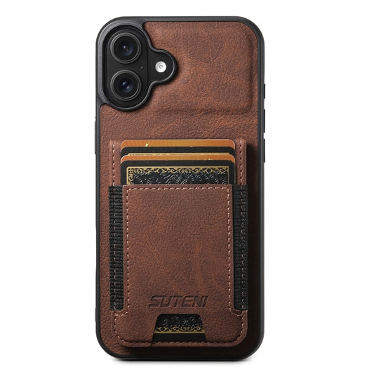 For iPhone 16 Plus Suteni H03 Litchi Leather Card Bag Stand Back Phone Case(Brown) by Suteni