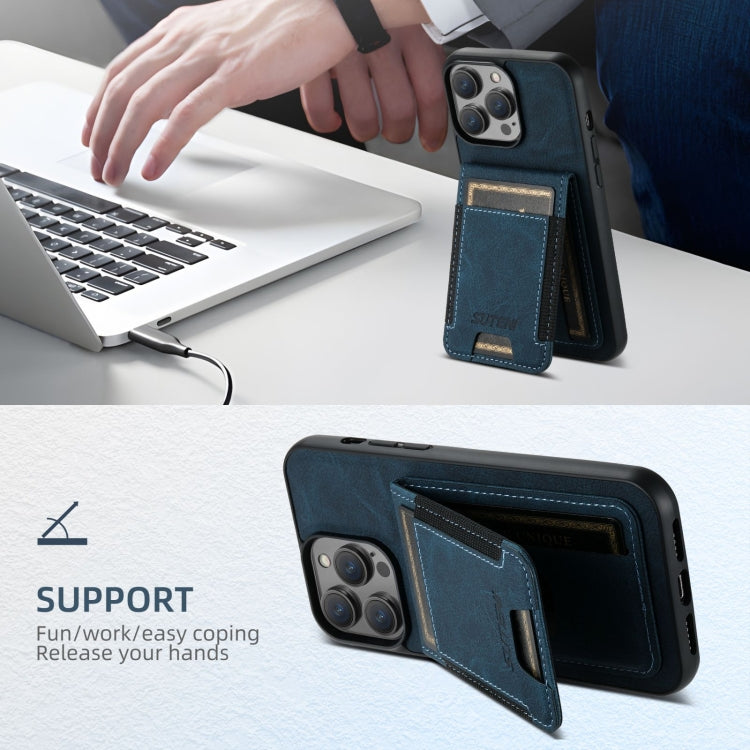 For iPhone 16 Plus Suteni H03 Litchi Leather Card Bag Stand Back Phone Case(Blue) by Suteni