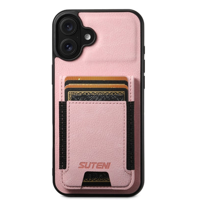 For iPhone 16 Plus Suteni H03 Litchi Leather Card Bag Stand Back Phone Case(Pink) by Suteni