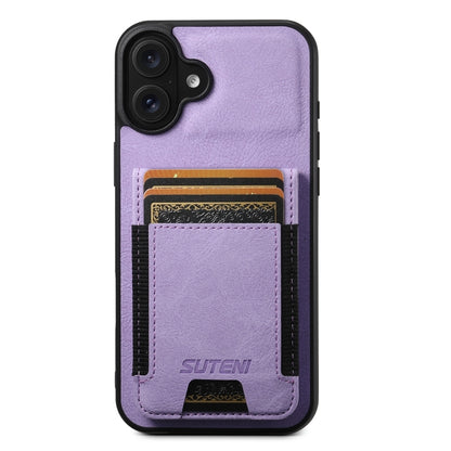 For iPhone 16 Plus Suteni H03 Litchi Leather Card Bag Stand Back Phone Case(Purple) by Suteni