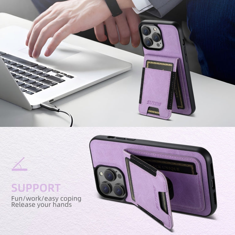 For iPhone 16 Pro Max Suteni H03 Litchi Leather Card Bag Stand Back Phone Case(Purple) by Suteni