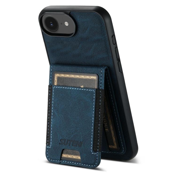 For iPhone 16e Suteni H03 Litchi Leather Card Bag Stand Back Phone Case(Blue) by Suteni