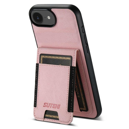 For iPhone 16e Suteni H03 Litchi Leather Card Bag Stand Back Phone Case(Pink) by Suteni