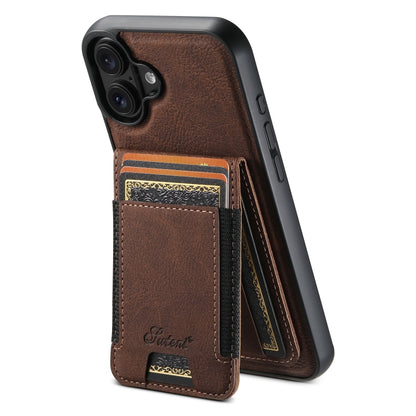 For iPhone 16 Suteni H17 Litchi Texture Leather MagSafe Detachable Wallet Phone Case(Brown) by Suteni