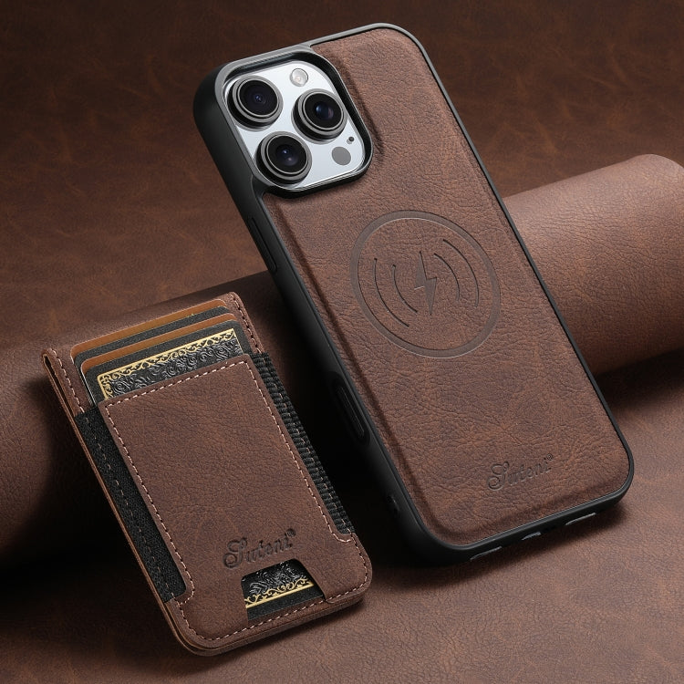 For iPhone 16 Pro Suteni H17 Litchi Texture Leather MagSafe Detachable Wallet Phone Case(Brown) by Suteni