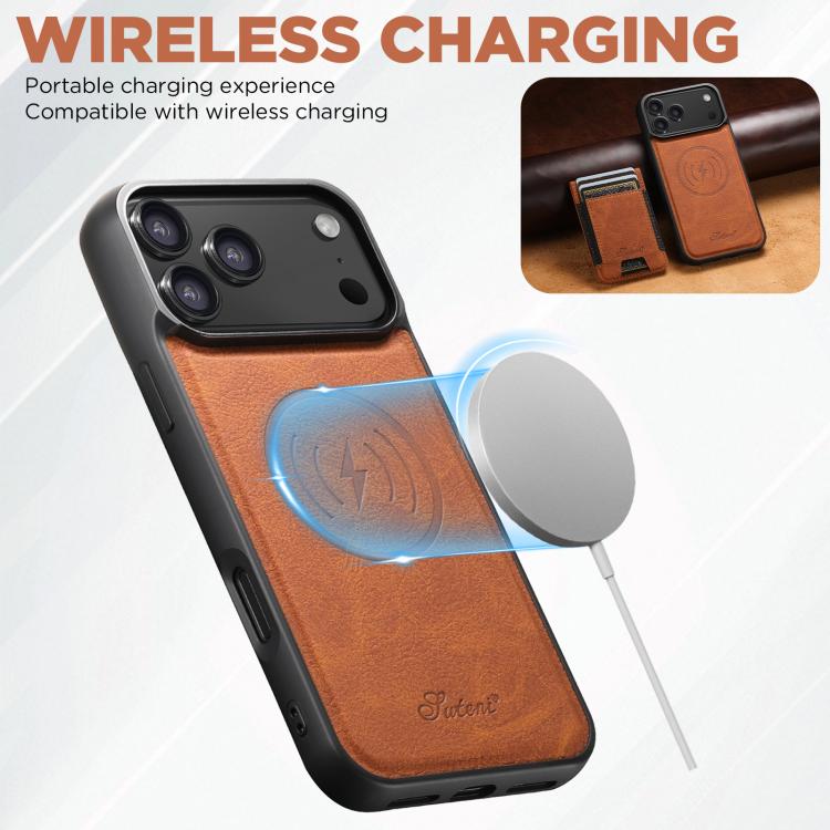 For iPhone 17 Suteni H17 Litchi Texture Leather MagSafe Detachable Wallet Phone Case(Khaki) by Suteni