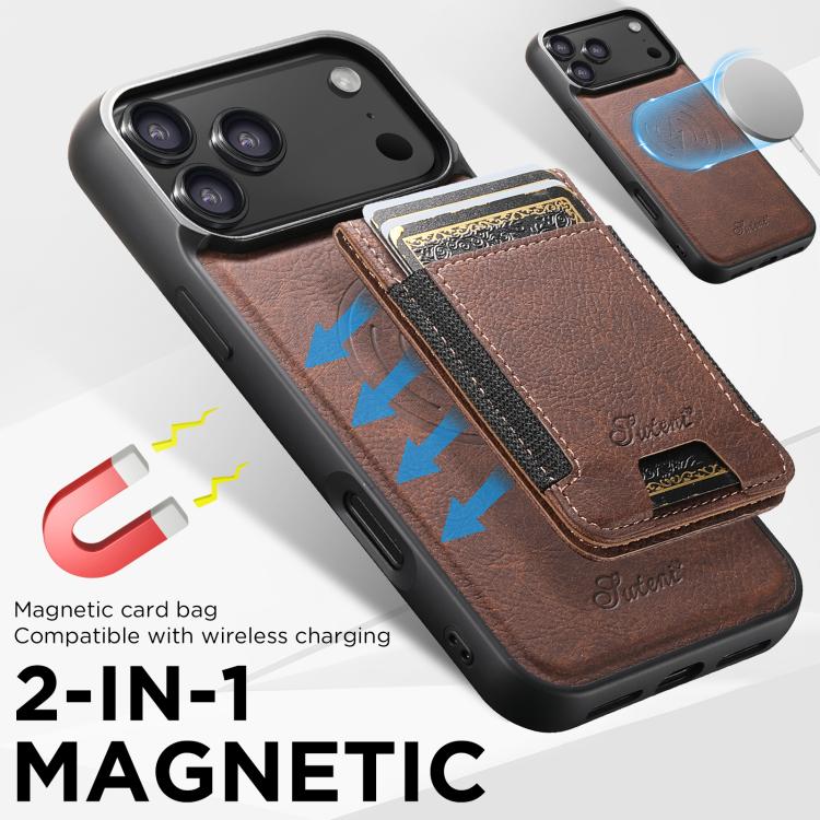 For iPhone 17 Pro Suteni H17 Litchi Texture Leather MagSafe Detachable Wallet Phone Case(Brown) by Suteni