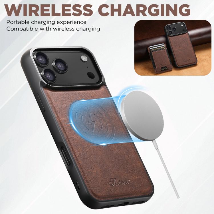 For iPhone 17 Pro Suteni H17 Litchi Texture Leather MagSafe Detachable Wallet Phone Case(Brown) by Suteni