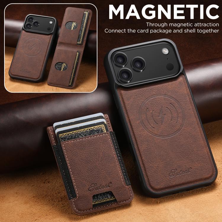 For iPhone 17 Pro Max Suteni H17 Litchi Texture Leather MagSafe Detachable Wallet Phone Case(Brown) by Suteni