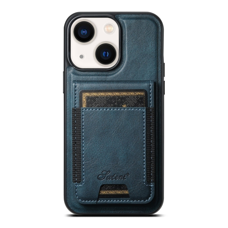 For iPhone 14 Plus Suteni H17 Oil Eax Leather MagSafe Detachable Wallet Phone Case(Blue) by Suteni