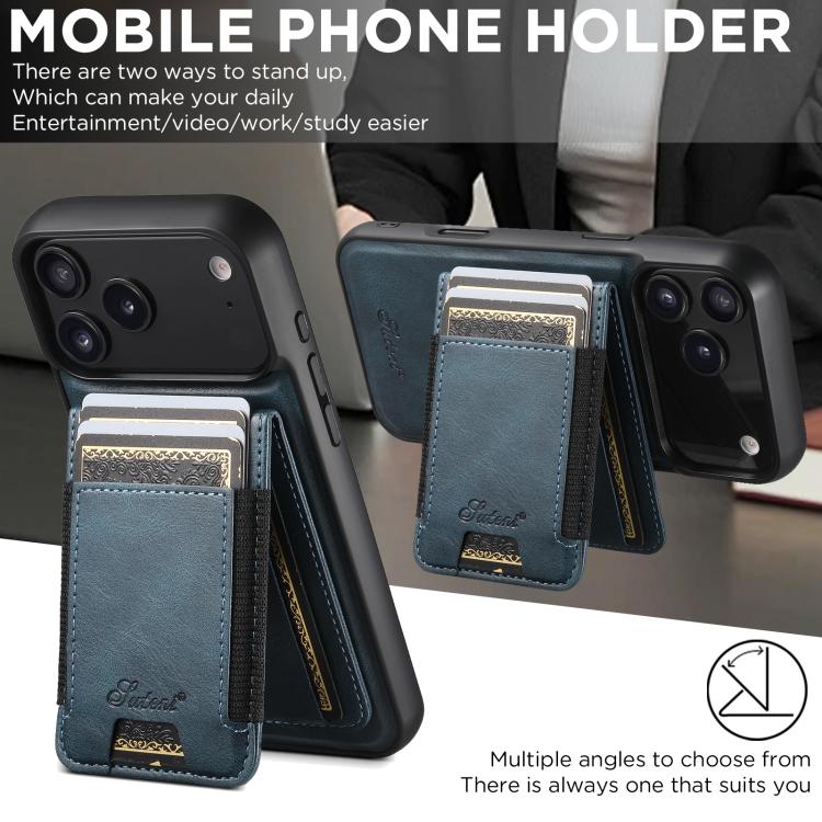 For iPhone 17 Pro Suteni H17 Oil Eax Leather MagSafe Detachable Wallet Phone Case(Blue) by Suteni