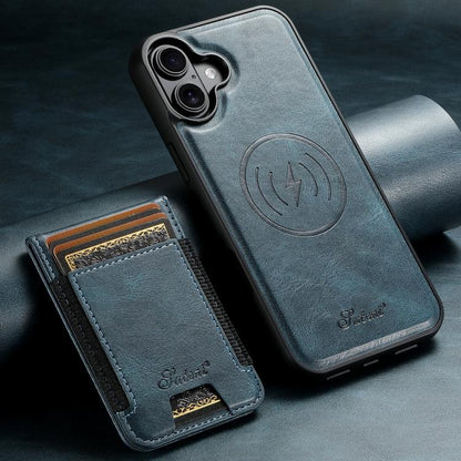 For iPhone 17 Suteni H17 Oil Eax Leather MagSafe Detachable Wallet Phone Case(Blue) by Suteni