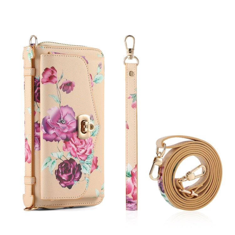 For iPhone 15 Pro Max Flower Multi-functional Crossbody Zipper Wallet MagSafe Leather Phone Case(Yellow) by bashfashion
