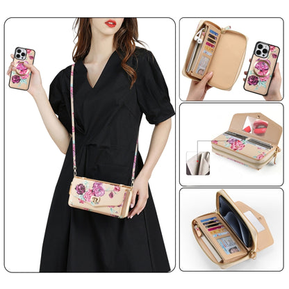For iPhone 15 Pro Max Flower Multi-functional Crossbody Zipper Wallet MagSafe Leather Phone Case(Yellow) by bashfashion