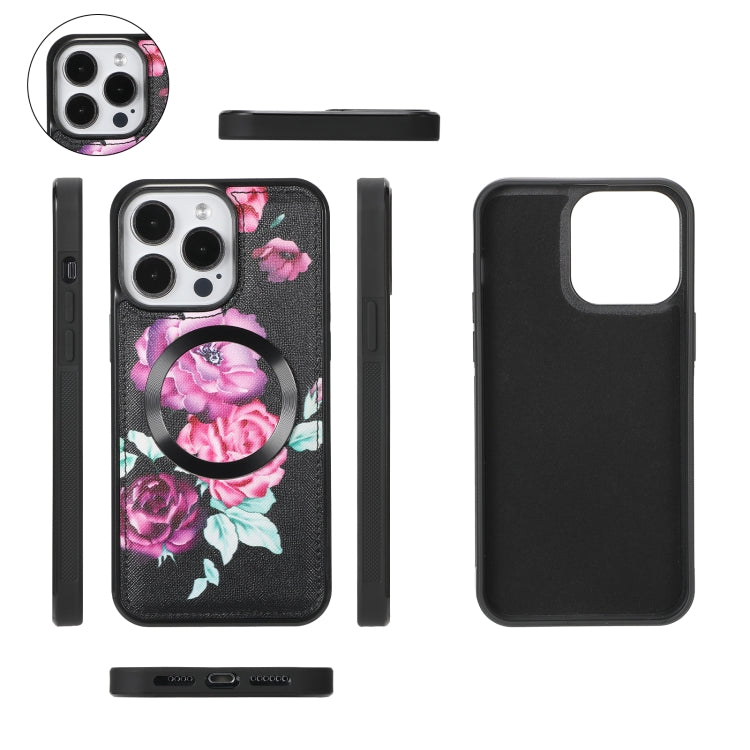 For iPhone 15 Pro Flower Multi-functional Crossbody Zipper Wallet MagSafe Leather Phone Case(Black) by bashfashion