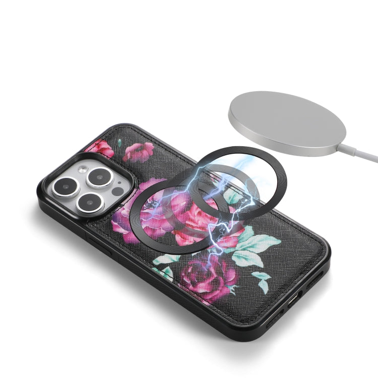 For iPhone 15 Pro Flower Multi-functional Crossbody Zipper Wallet MagSafe Leather Phone Case(Black) by bashfashion