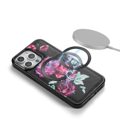 For iPhone 15 Pro Flower Multi-functional Crossbody Zipper Wallet MagSafe Leather Phone Case(Black) by bashfashion