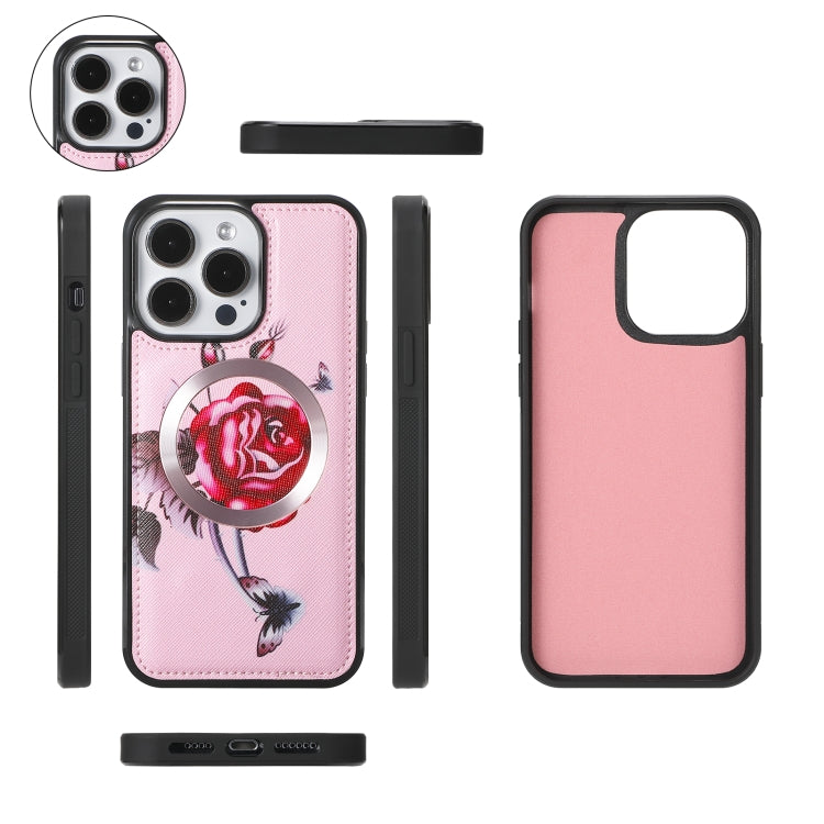 For iPhone 15 Pro Flower Multi-functional Crossbody Zipper Wallet MagSafe Leather Phone Case(Pink) by bashfashion