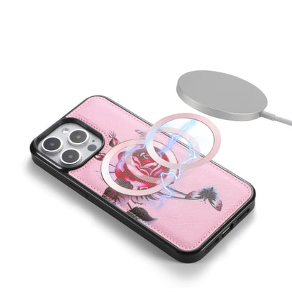 For iPhone 15 Pro Flower Multi-functional Crossbody Zipper Wallet MagSafe Leather Phone Case(Pink) by bashfashion