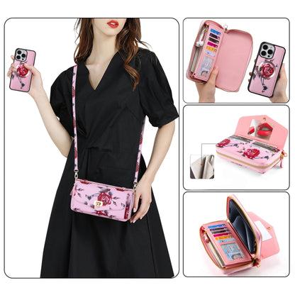 For iPhone 15 Pro Flower Multi-functional Crossbody Zipper Wallet MagSafe Leather Phone Case(Pink) by bashfashion