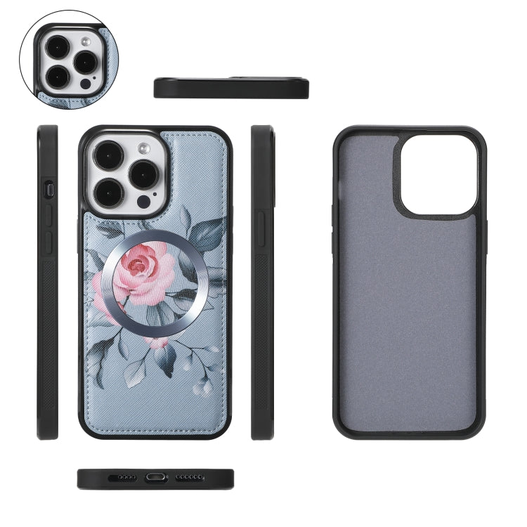 For iPhone 15 Plus Flower Multi-functional Crossbody Zipper Wallet MagSafe Leather Phone Case(Blue) by bashfashion