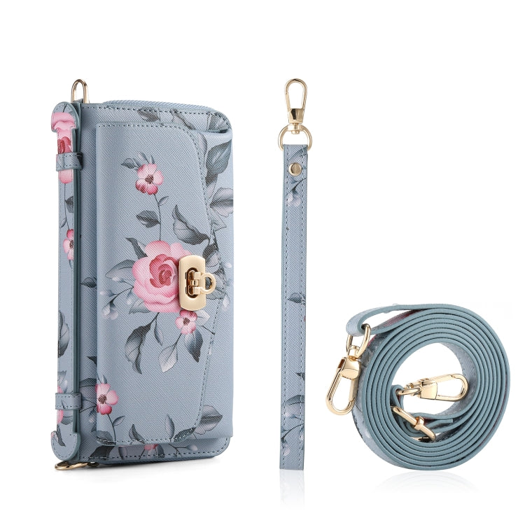 For iPhone 15 Plus Flower Multi-functional Crossbody Zipper Wallet MagSafe Leather Phone Case(Blue) by bashfashion