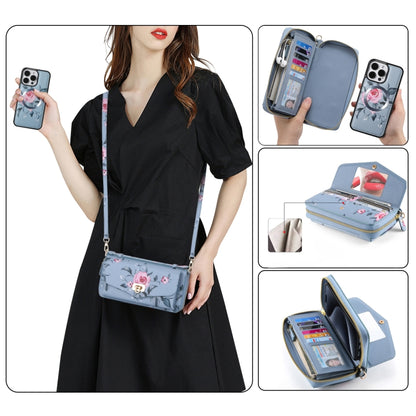 For iPhone 15 Plus Flower Multi-functional Crossbody Zipper Wallet MagSafe Leather Phone Case(Blue) by bashfashion