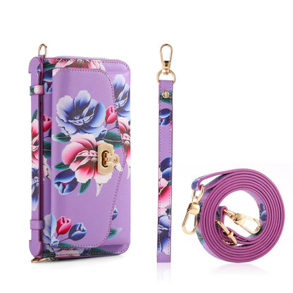 For iPhone 15 Plus Flower Multi-functional Crossbody Zipper Wallet MagSafe Leather Phone Case(Purple) by bashfashion