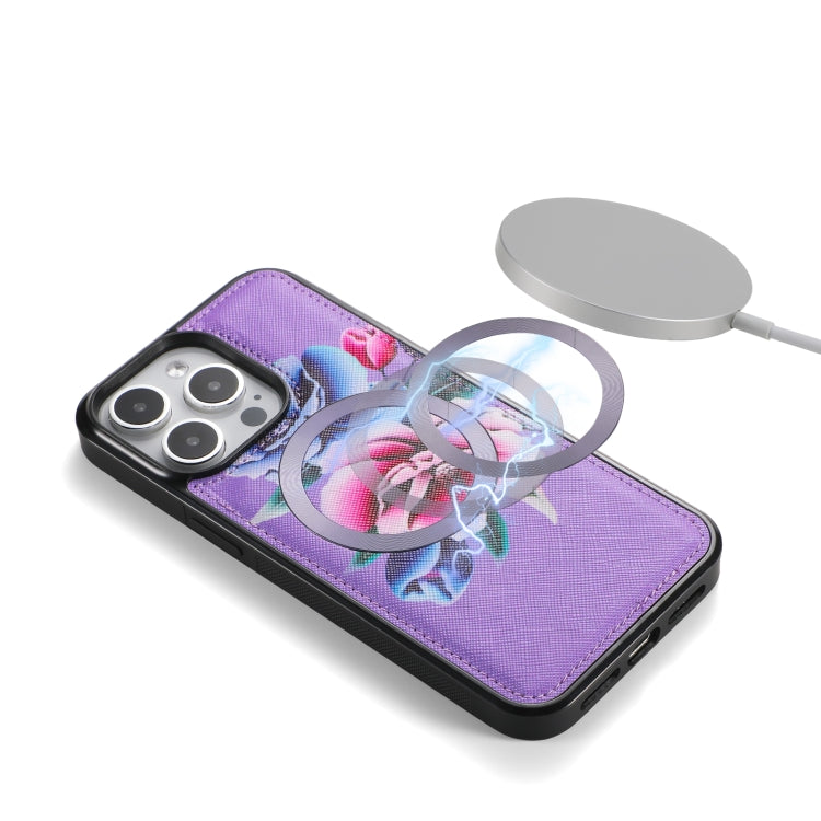 For iPhone 15 Plus Flower Multi-functional Crossbody Zipper Wallet MagSafe Leather Phone Case(Purple) by bashfashion