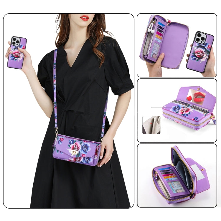 For iPhone 15 Plus Flower Multi-functional Crossbody Zipper Wallet MagSafe Leather Phone Case(Purple) by bashfashion