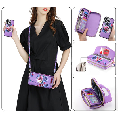 For iPhone 15 Plus Flower Multi-functional Crossbody Zipper Wallet MagSafe Leather Phone Case(Purple) by bashfashion