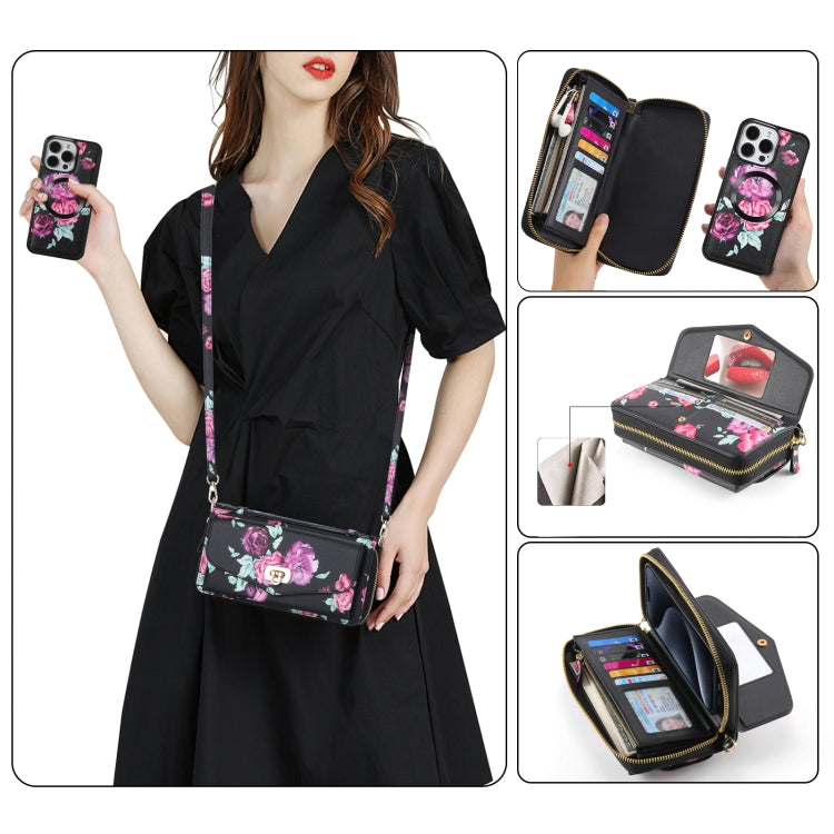 For iPhone 15 Flower Multi-functional Crossbody Zipper Wallet MagSafe Leather Phone Case(Black) by bashfashion