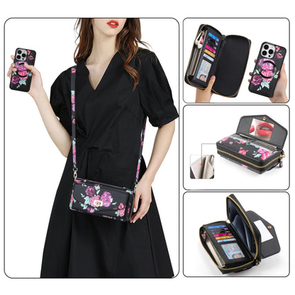 For iPhone 15 Flower Multi-functional Crossbody Zipper Wallet MagSafe Leather Phone Case(Black) by bashfashion