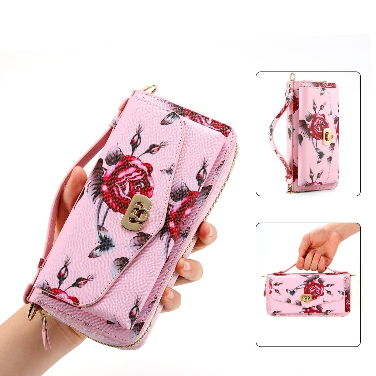 For iPhone 14 Pro Flower Multi-functional Crossbody Zipper Wallet MagSafe Leather Phone Case(Pink) by bashfashion