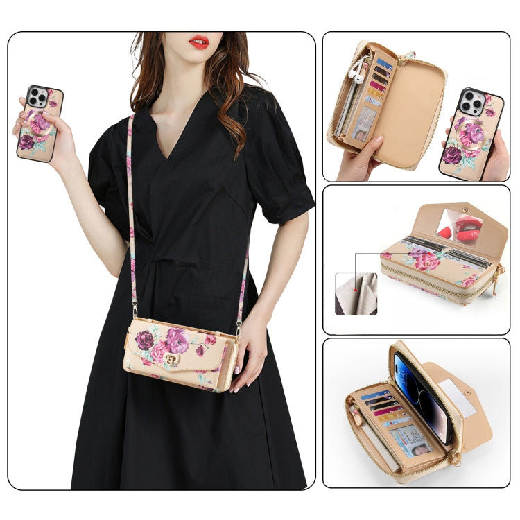 For iPhone 14 Pro Flower Multi-functional Crossbody Zipper Wallet MagSafe Leather Phone Case(Yellow) by bashfashion
