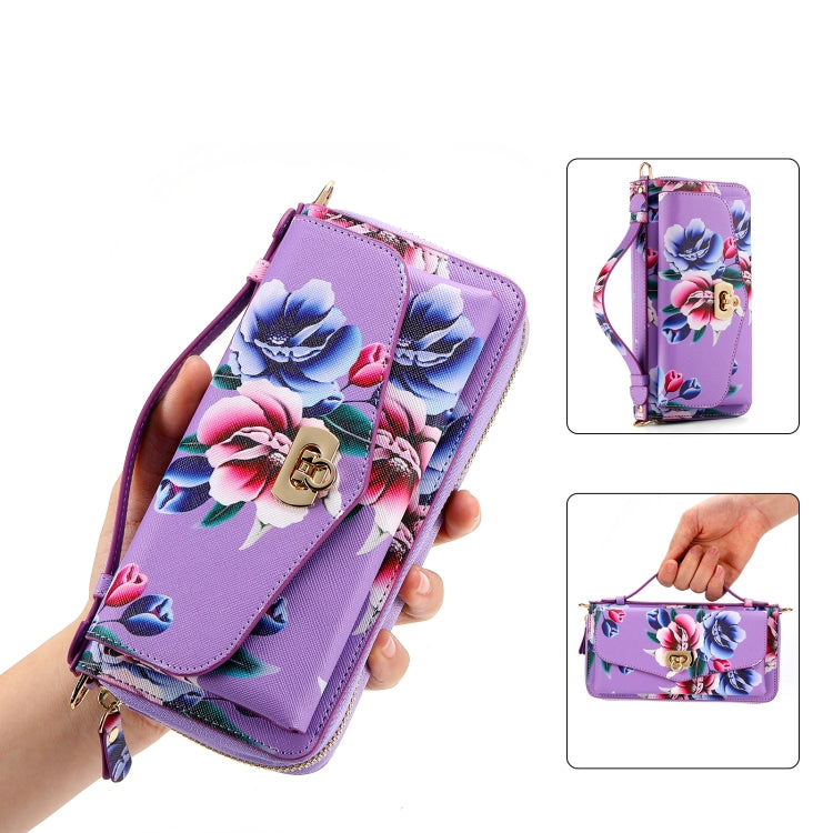 For iPhone 14 Pro Max Flower Multi-functional Crossbody Zipper Wallet MagSafe Leather Phone Case(Purple) by bashfashion