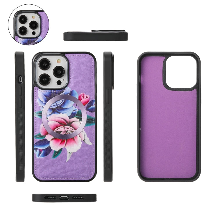 For iPhone 14 Pro Max Flower Multi-functional Crossbody Zipper Wallet MagSafe Leather Phone Case(Purple) by bashfashion
