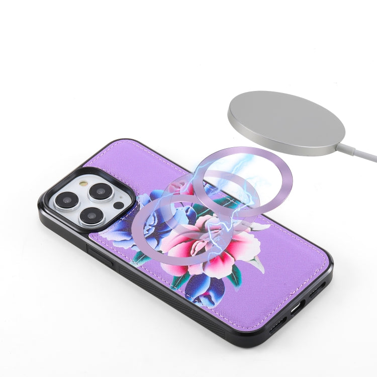 For iPhone 14 Pro Max Flower Multi-functional Crossbody Zipper Wallet MagSafe Leather Phone Case(Purple) by bashfashion